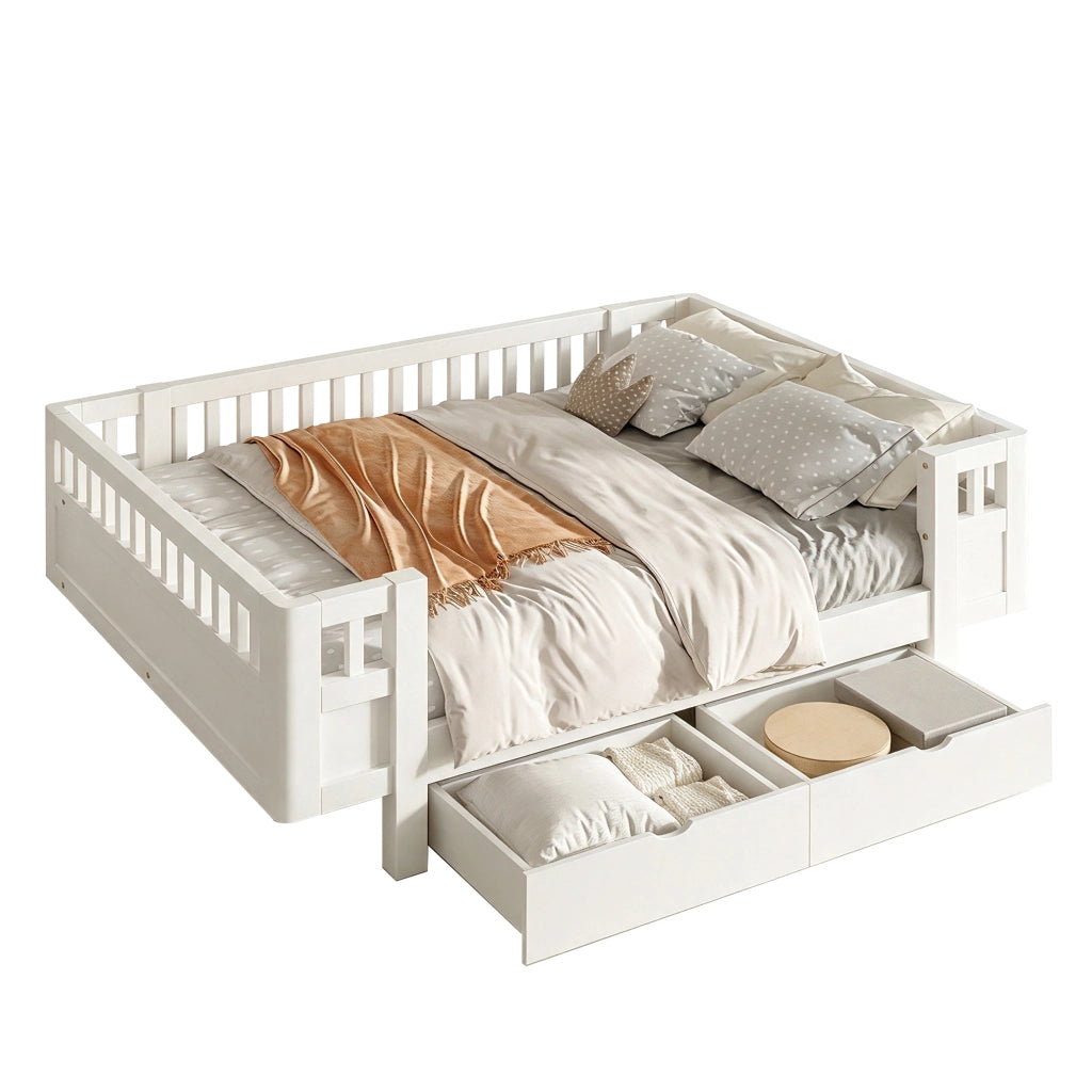 Letto per bambini 140x200 cm con sponde alte e due cassetti estraibili; bianco