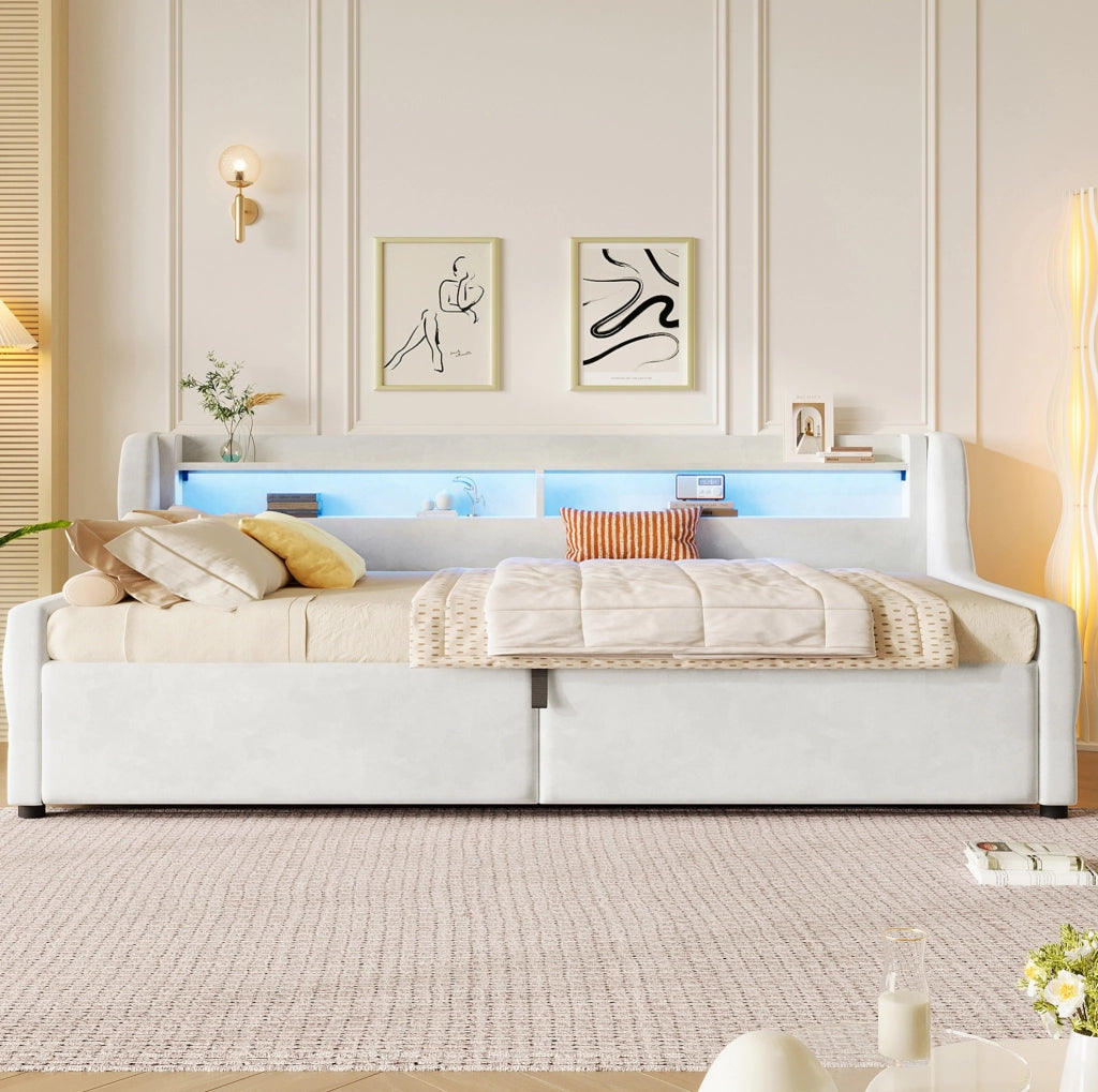 Letto singolo imbottito 90x200 cm in flanella; con LED e contenitore; bianco crema