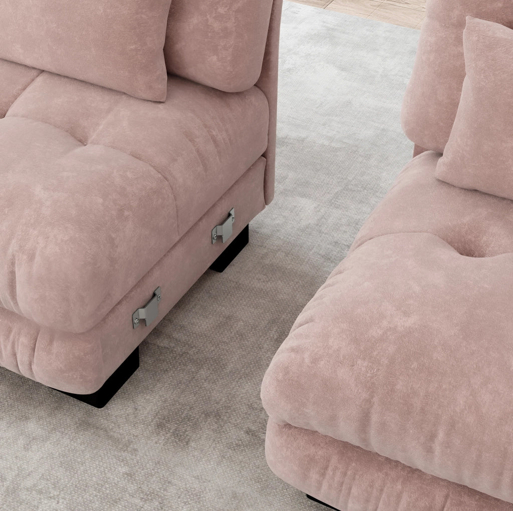 Divano angolare modulare 4 posti con seduta profonda in chenille rosa