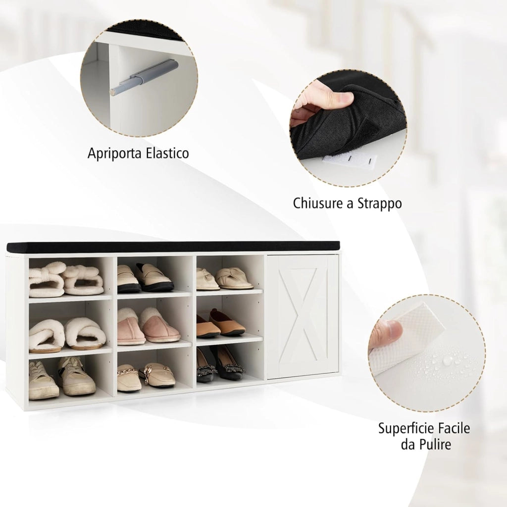 Panca Scarpiera da Ingresso, Scarpiera con Seduta Imbottito, 9 Scomparti e Armadio con Ante, Panca Contenitore con Ripiani Regolabili, per Camera da Letto Corridoio, 110,5x30x49 cm (Bianco)