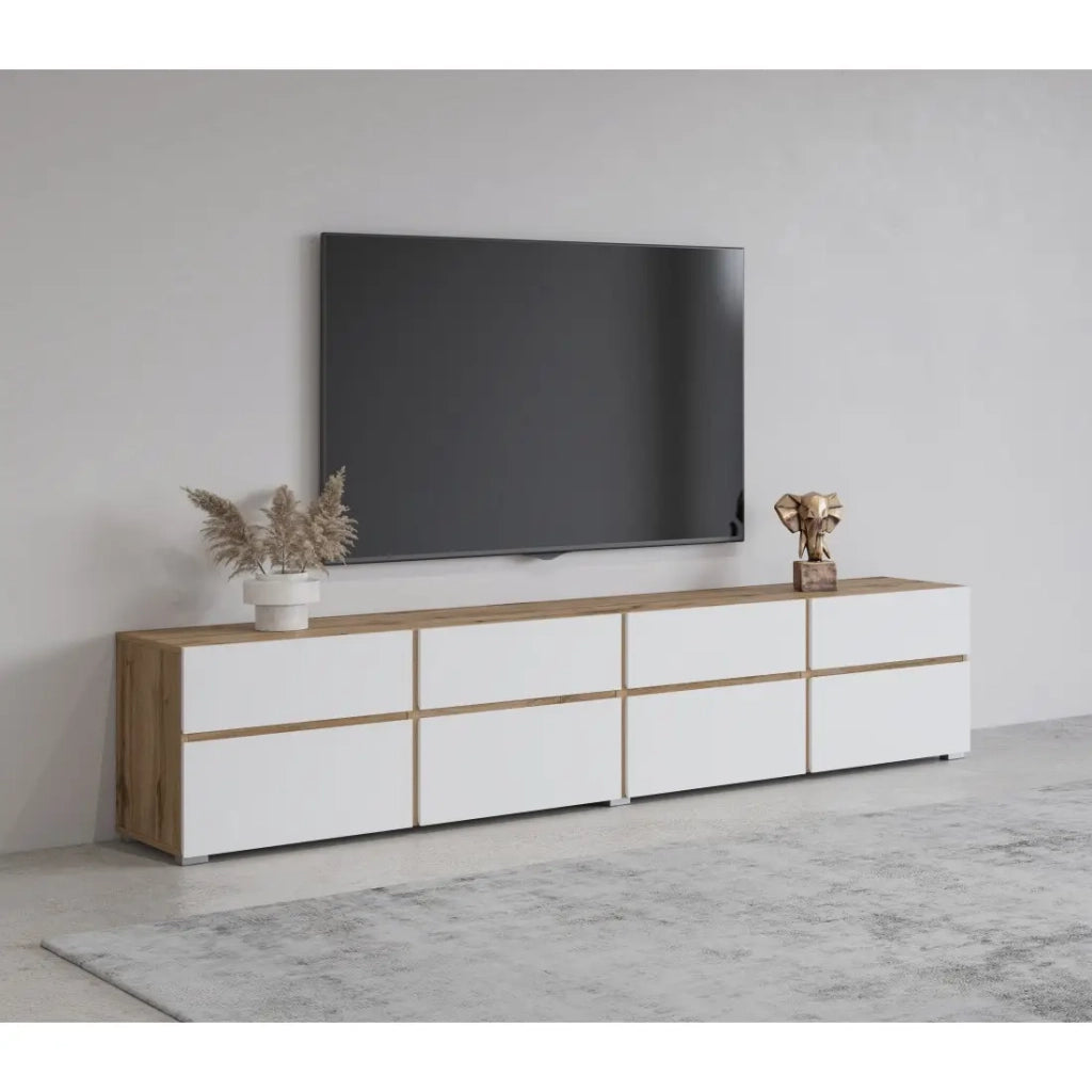 Mobile TV XL HAVANA – 225 cm – 4 ante a ribalta e 4 cassetti – Rovere e bianco – Design moderno