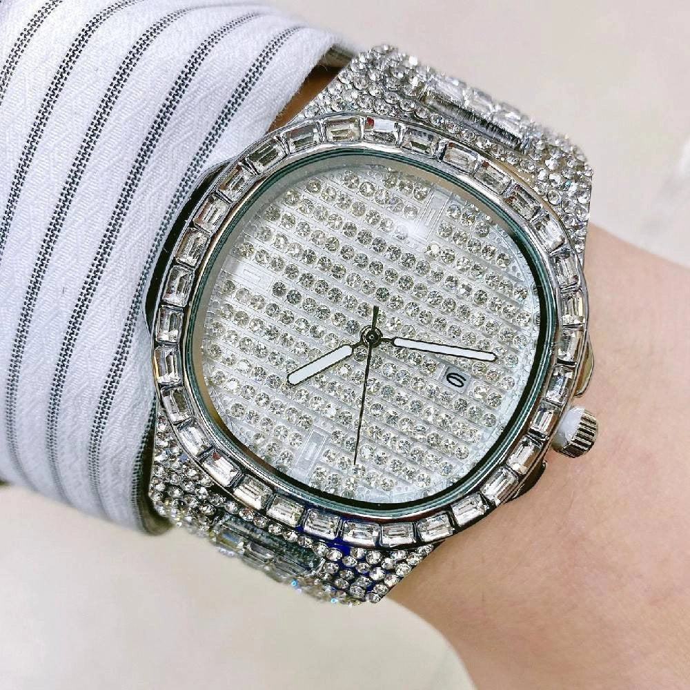 Trade Shop - Orologio Da Polso Uomo Acciaio Elegante Brillantini Calendario Analogico Silver -