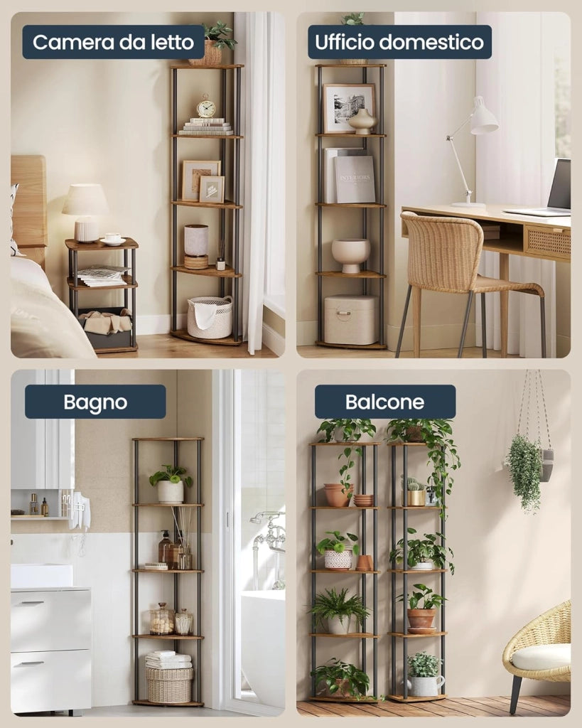SONGMICS HOME Montaggio Super Veloce Senza Attrezzi, Scaffale Angolare a 5 Ripiani, Scaffale Autoportante, 38,3 x 27 x 139 cm, per Soggiorno, Camera da Letto, Cucina, Marrone Vintage LBC610K01