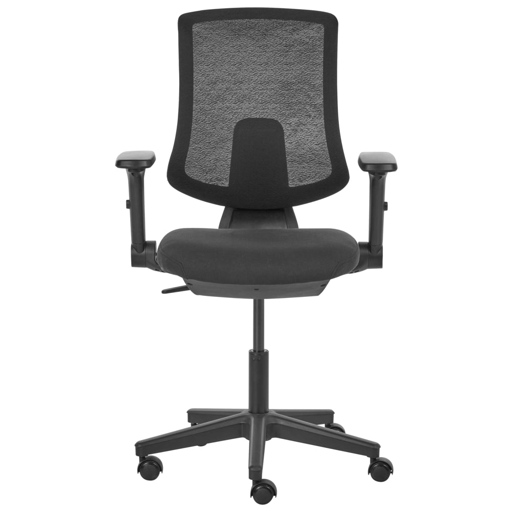 Sedia da ufficio in tessuto e rete nera, schienale e braccioli regolabili, design moderno, per l'ufficio domestico