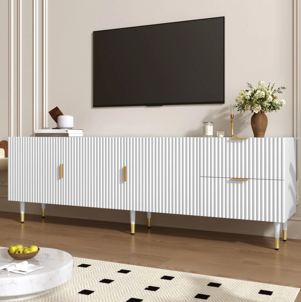 Mobile TV bianco 170 cm a 3 ante con cassetti, piedini regolabili e dettagli oro