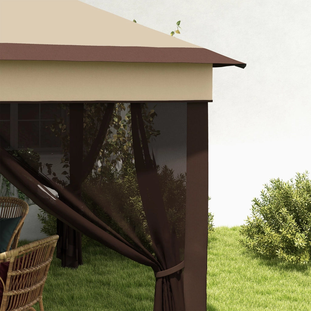 Gazebo Regolabile su 3 Livelli con Pareti Rimovibili 3x3m in Acciaio e tessuto Oxford Caffè e Beige