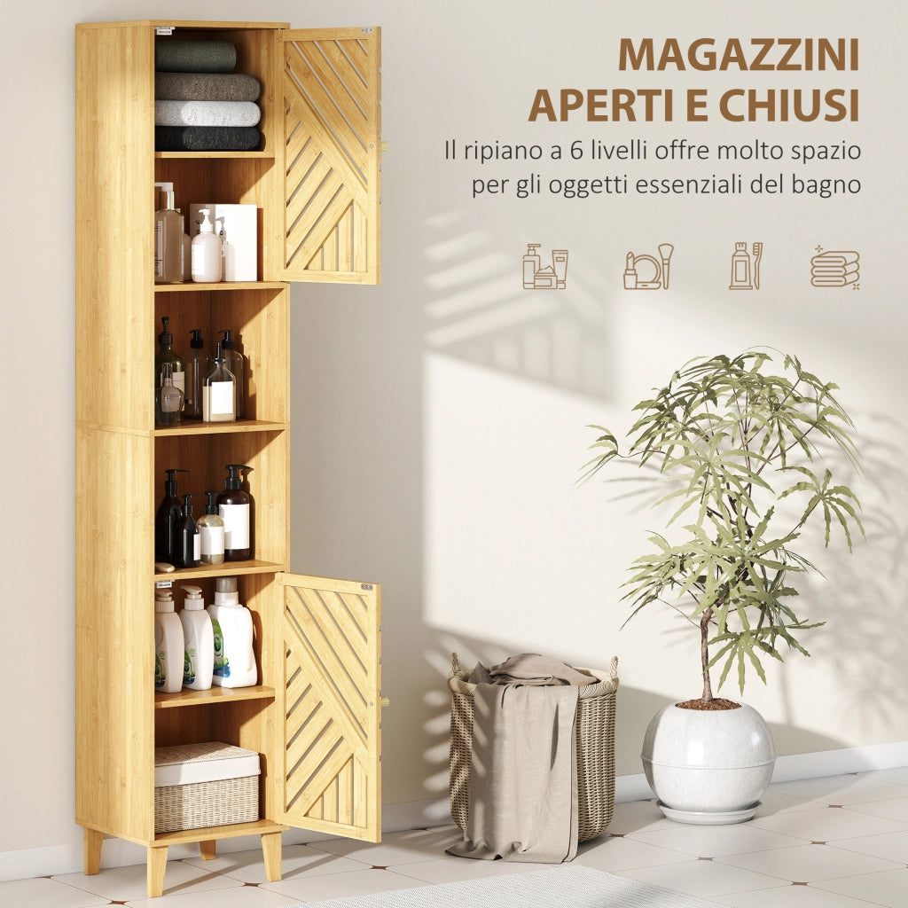 Mobile Colonna Bagno con 2 Armadietti e 2 Ripiani con Scaffale Regolabile. in Bamb¨´ e Truciolato. 32x30x170 cm