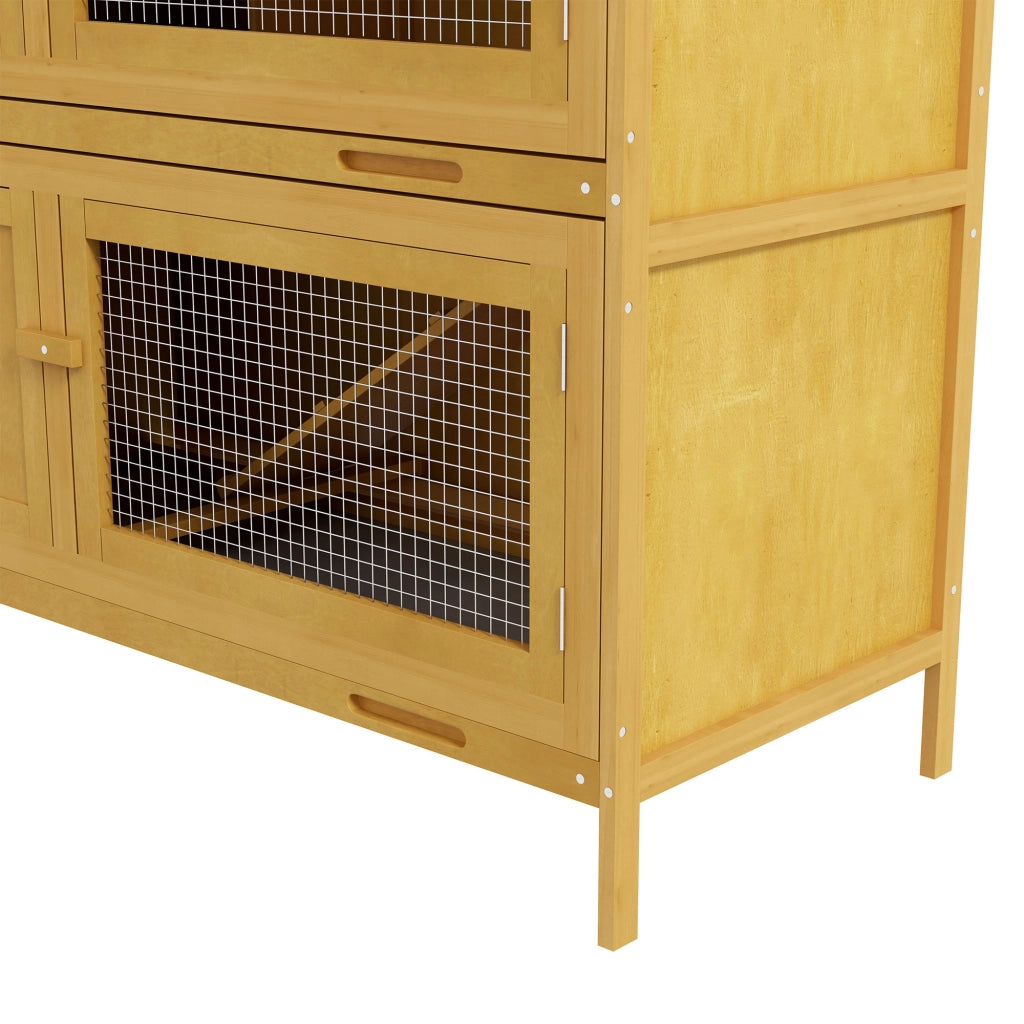 Conigliera Gabbia a 2 Livelli 97x44x91 cm con Rampa 2 Vassoi Estraibili 4 Porte in Legno di Abete e Bitume Giallo