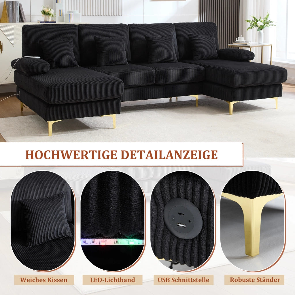 DIVANO a U in velluto nero 265x135x88 cm con LED e porta USB