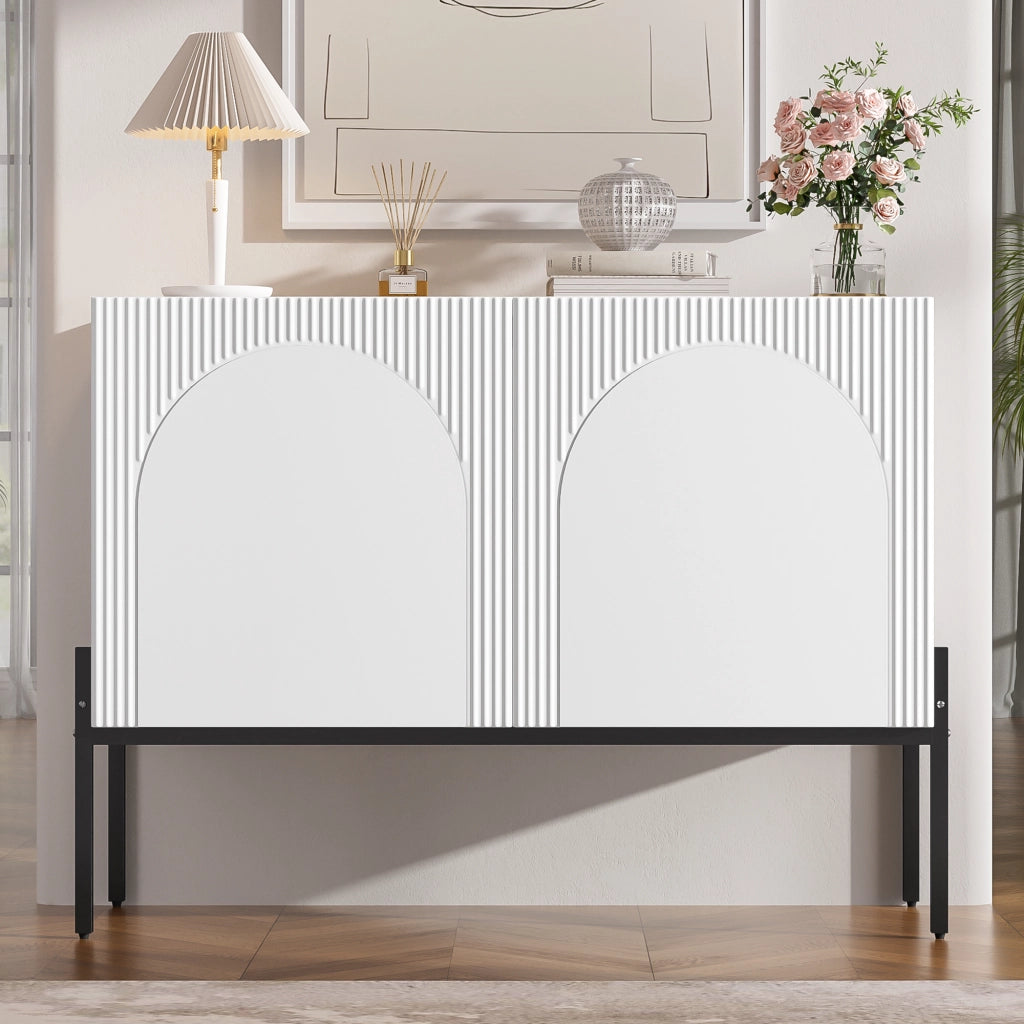 Credenza moderna con 2 ante, struttura in metallo e design ad arco, bianca, 100 x 40 x 75 cm