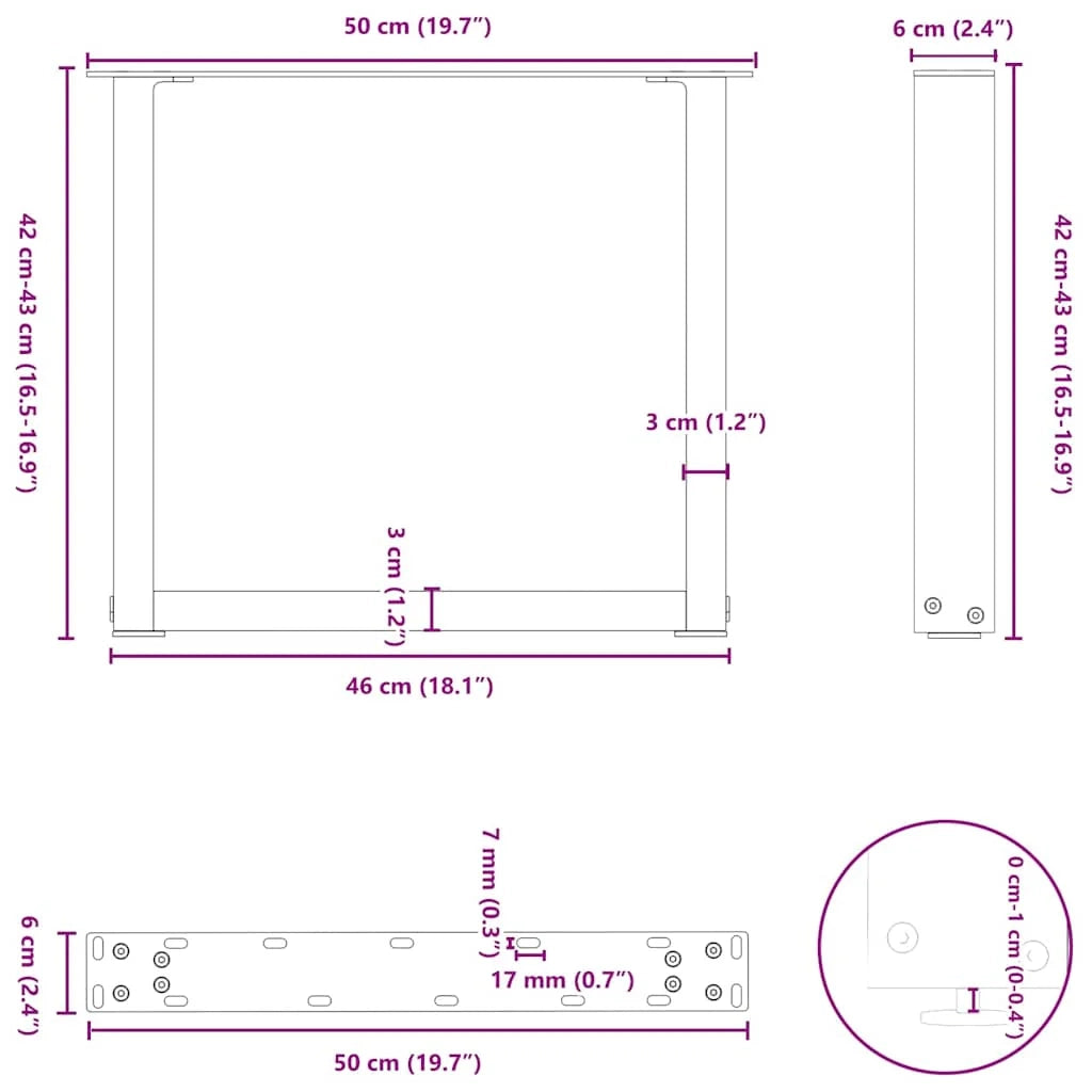 Set di 2 gambe per tavolino da caffè a forma di U nere 50 x 42-43 cm con piedini regolabili design moderno in acciaio nero 02_0057396