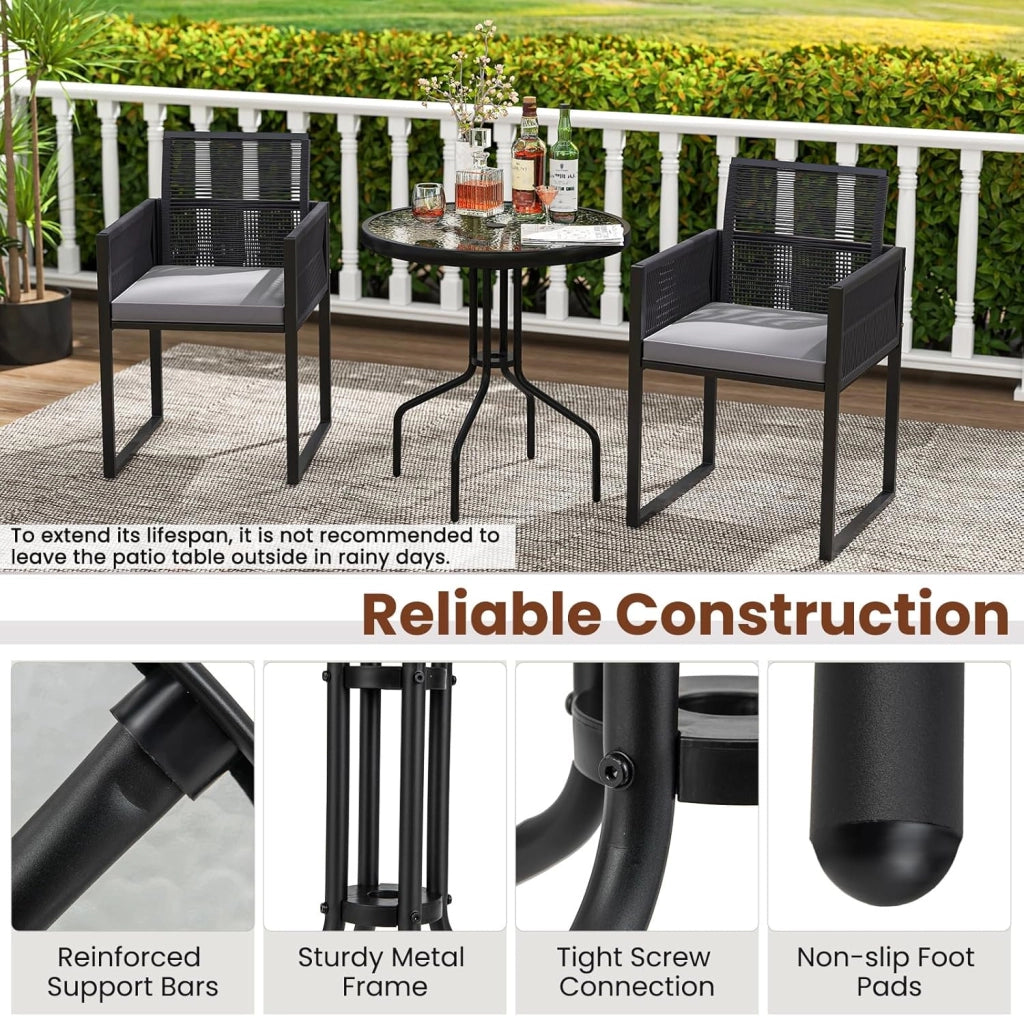 Tavolo rotondo da giardino con piano in vetro, 70 x 70 x 71 cm, tavolo da bistrot con foro per ombrellone da 4 cm, gambe in metallo resistente, tavolino per balcone, patio