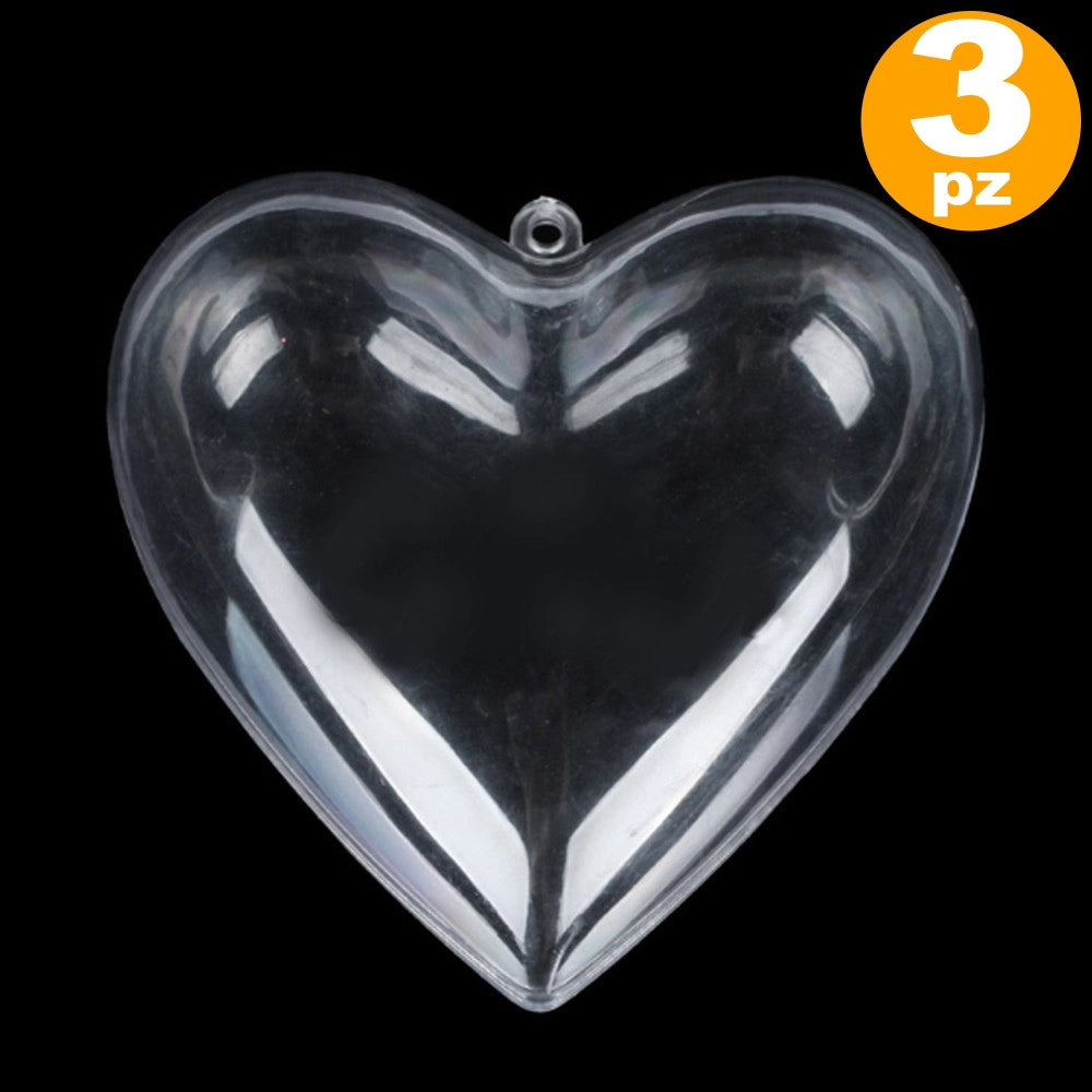 Trade Shop - 3 X Cuore In Plastica Trasparente Apribile Da Riempire Decorazione Natale 8 Cm -