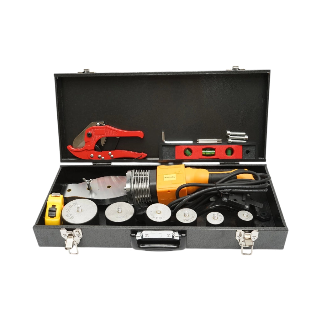 Kit saldatrice per tubi in PPR da 800W con display digitale 0-300°C, 6 ganasce 20-63mm, 3 livelle a bolla, metro a nastro, pinze da taglio. Breckner Germany