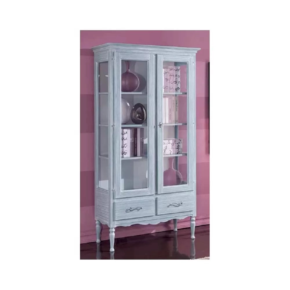 Vetrina 2 porte 2 cassetti in legno shabby azzurro l.102 p.42 h.191 - Mobili 2G