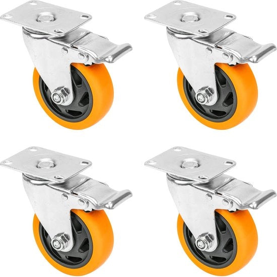 Ruote pesanti con freno in poliuretano, 4 pezzi, 100 mm, fino a 460 kg, arancione