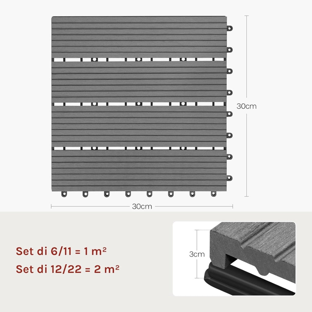 Piastrelle per Pavimenti da Esterno Balcone/Giardino/Terrazza Pavimentazione ad Incastro in WPC, Legno Composito, con 22 Pannelli da 30x30 cm Grigio Chiaro