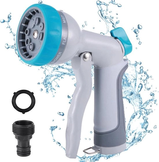 Douchetta per giardino, 100% douchetta metallica, 8-funzione tubo d'irrigazione con testa da giardino, pistola per getto, pistola per aspersione per irrigazione, lavaggio autonetto (blu)