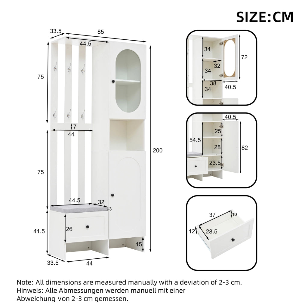 Mobile ingresso con 2 Armadi; 6 Ganci; Panca Portascarpe con Cuscino; Ante in Vetro Temperato; Bianco; 85??33;5??200 cm