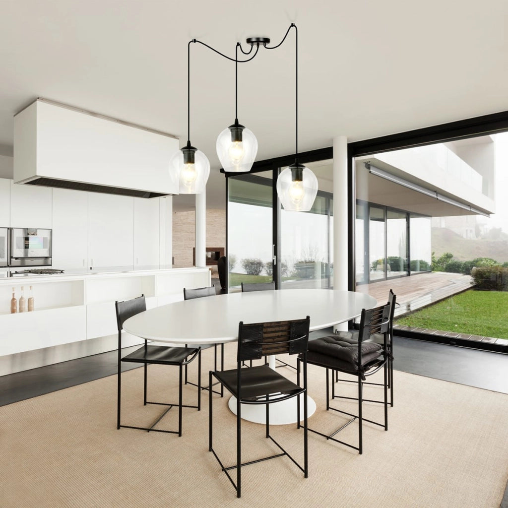 Lampada a sospensione LEVEL con tre diffusori in vetro trasparente