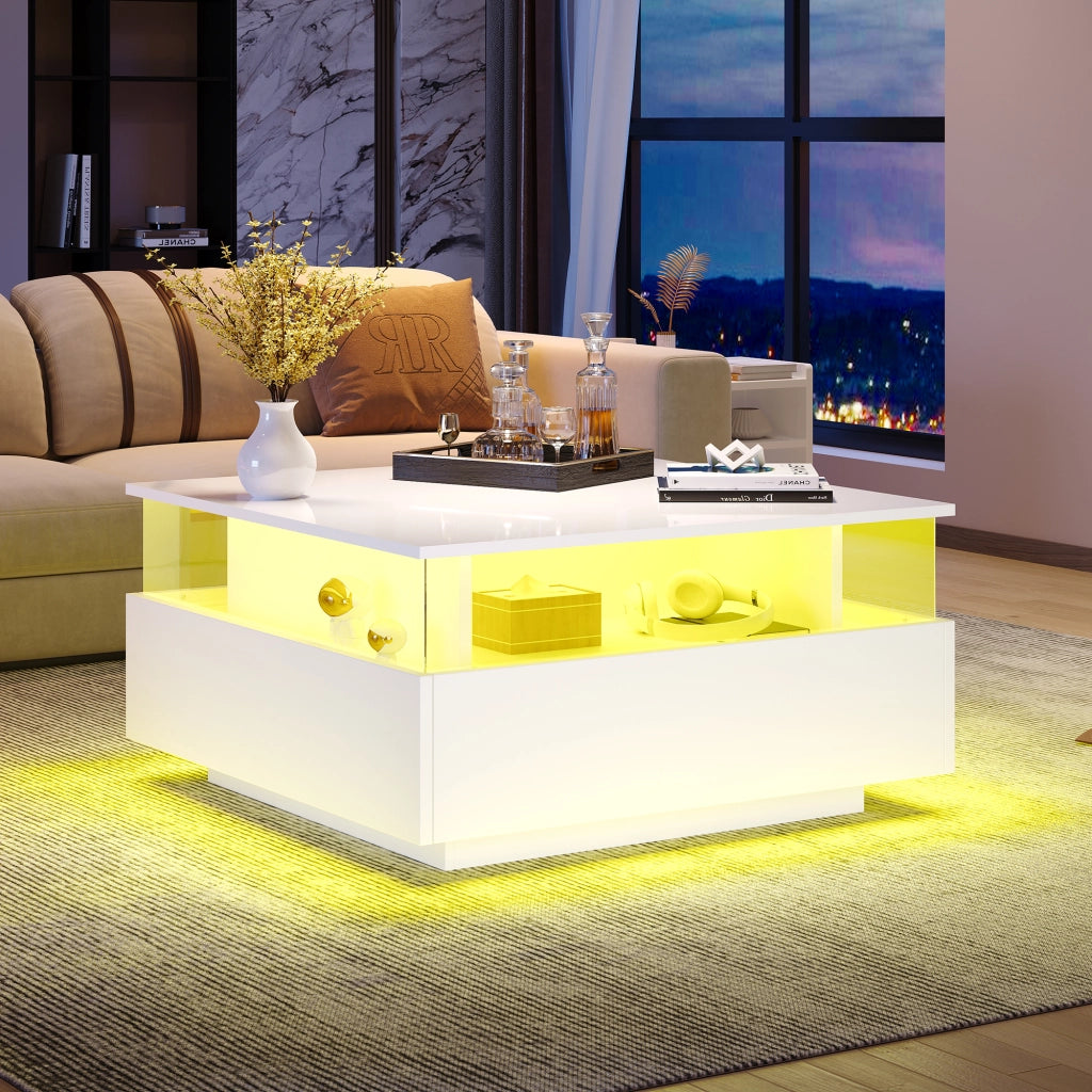 Tavolino da caffè con 2 cassetti; LED e vano trasparente - per soggiorno - in truciolare - 70x70x41 cm - bianco