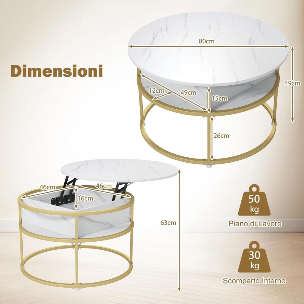 Tavolino da Caffè con Piano Sollevabile, Tavolino da Salotto Rotondo 80 cm a 2 Ripiani con Contenitore Nascosto e Ripiani Laterali, Ideale per Soggiorno, Studio e Ufficio