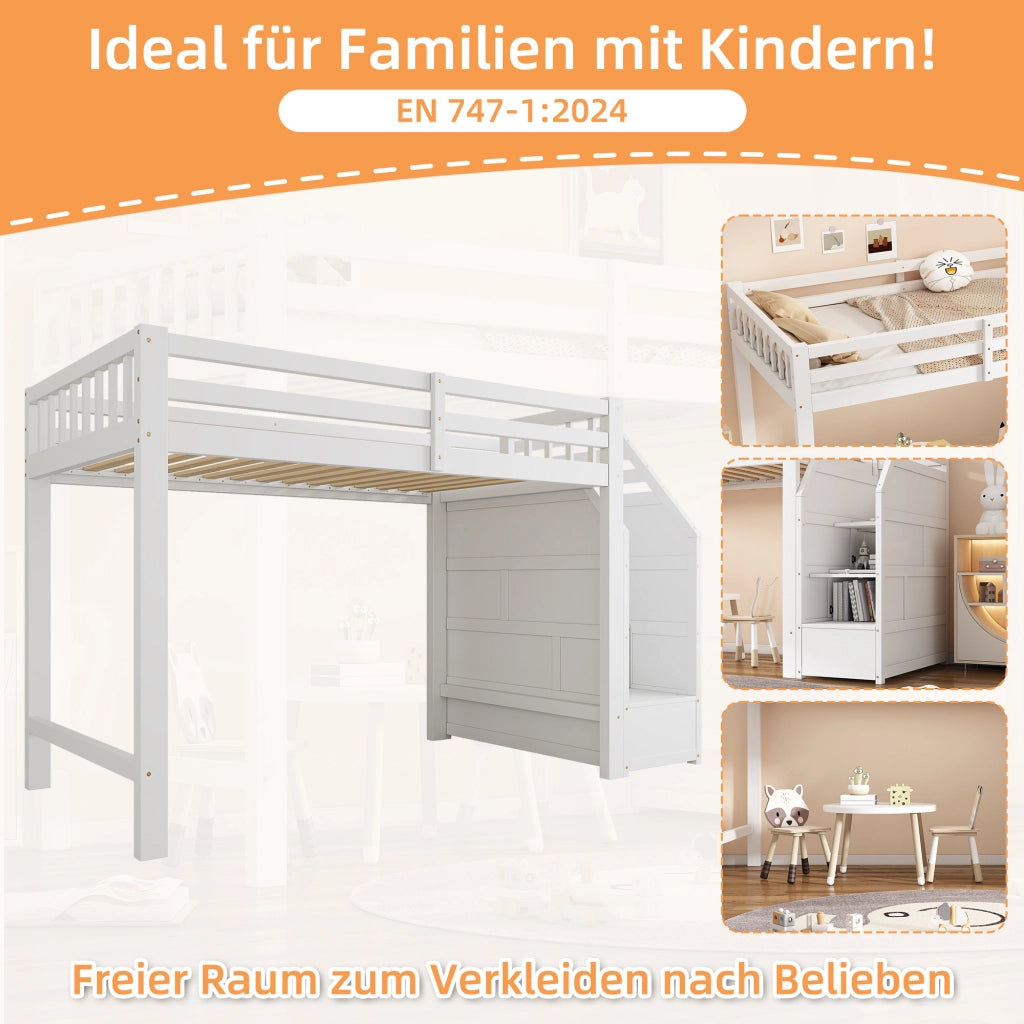 Letto a soppalco per bambini 90 × 200 cm con barriera, scaletta contenitore, senza materasso, bianco, pino