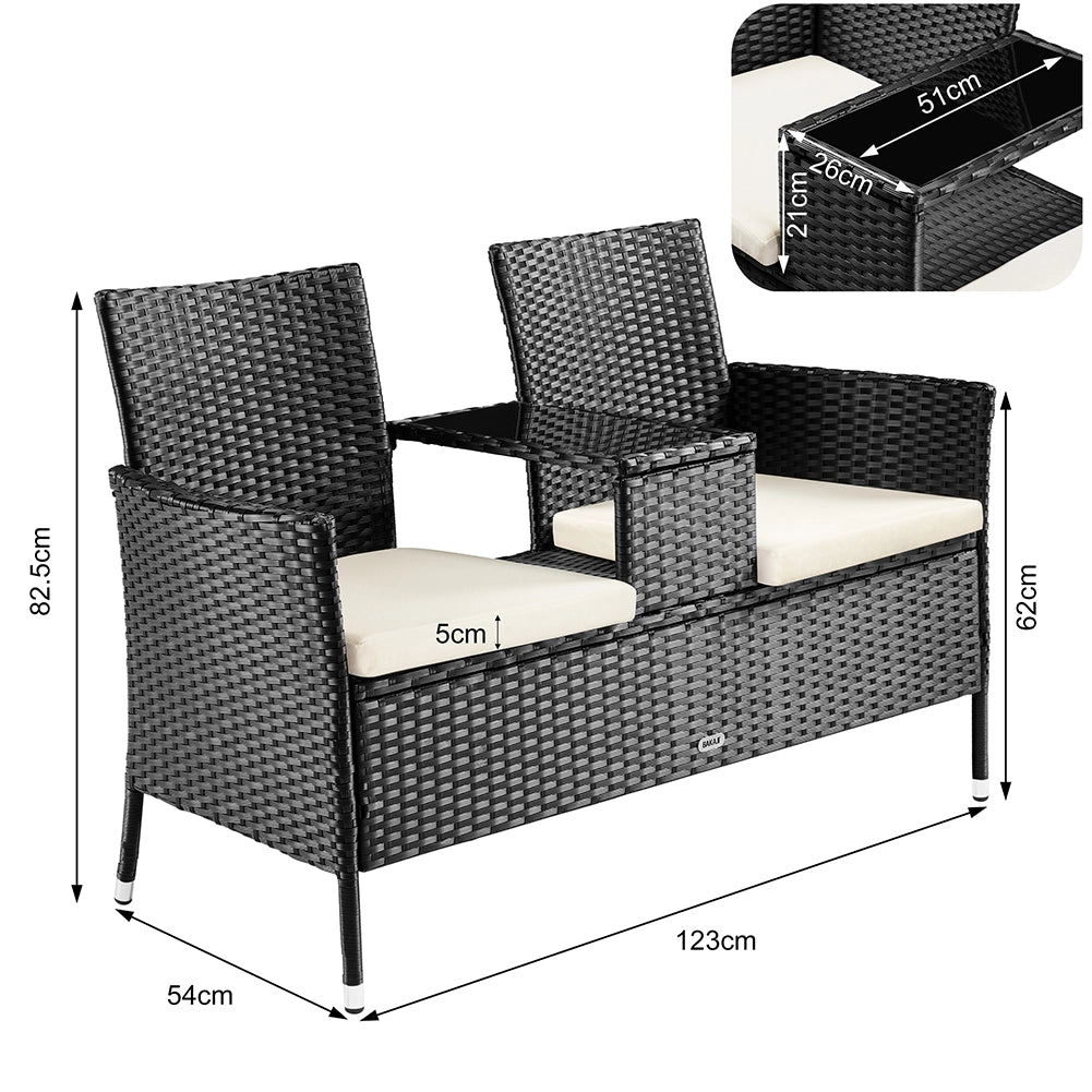 Divano da Giardino 2 Sedute Divise da Tavolino con Ripiano Vetro in Polyrattan Nero