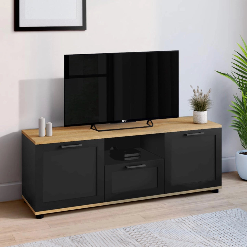 Mueble TV VITO con cajón y hornacina negros y tapa de madera de 110 cm