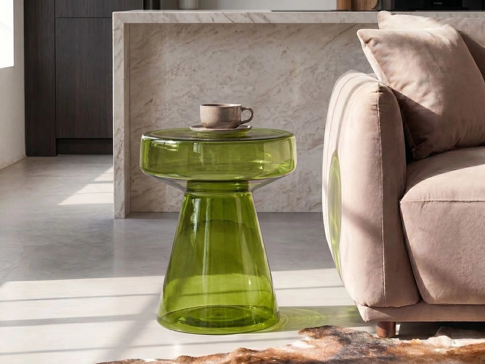 Tavolino moderno in vetro trasparente verde di forma rotonda soggiorno salotto camera da letto