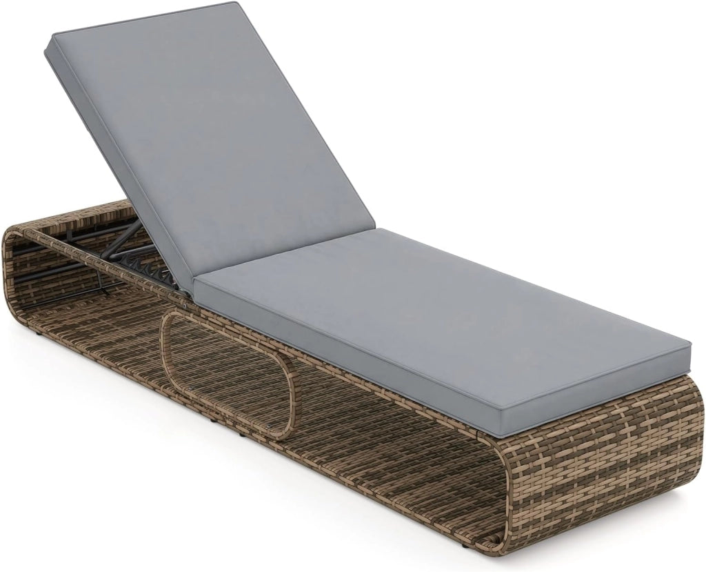 Sedia a Sdraio Imbottita in Rattan PE, Lettino Prendisole con Cuscino Morbido, Spazio di Stoccaggio e Schienale Regolabile a 7 Posizioni, Portata 180 kg, per Piscina e Giardino (2, Marrone)
