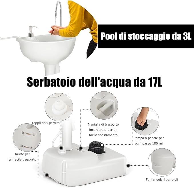 Lavandino da Campeggio con Pompa a Pedale, Lavandino Portatile con Serbatoio d'Acqua da 17L, Dispenser Sapone, Portasciugamani e Ruote (50 x 34 x 102cm)