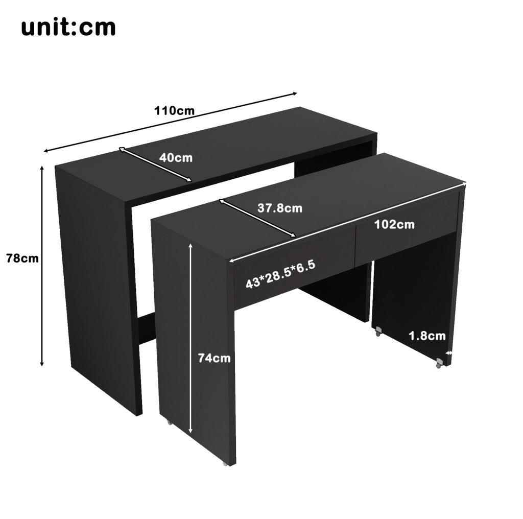 Scrivania 2-in-1 110x40x78 cm pieghevole con ruote in truciolato nero