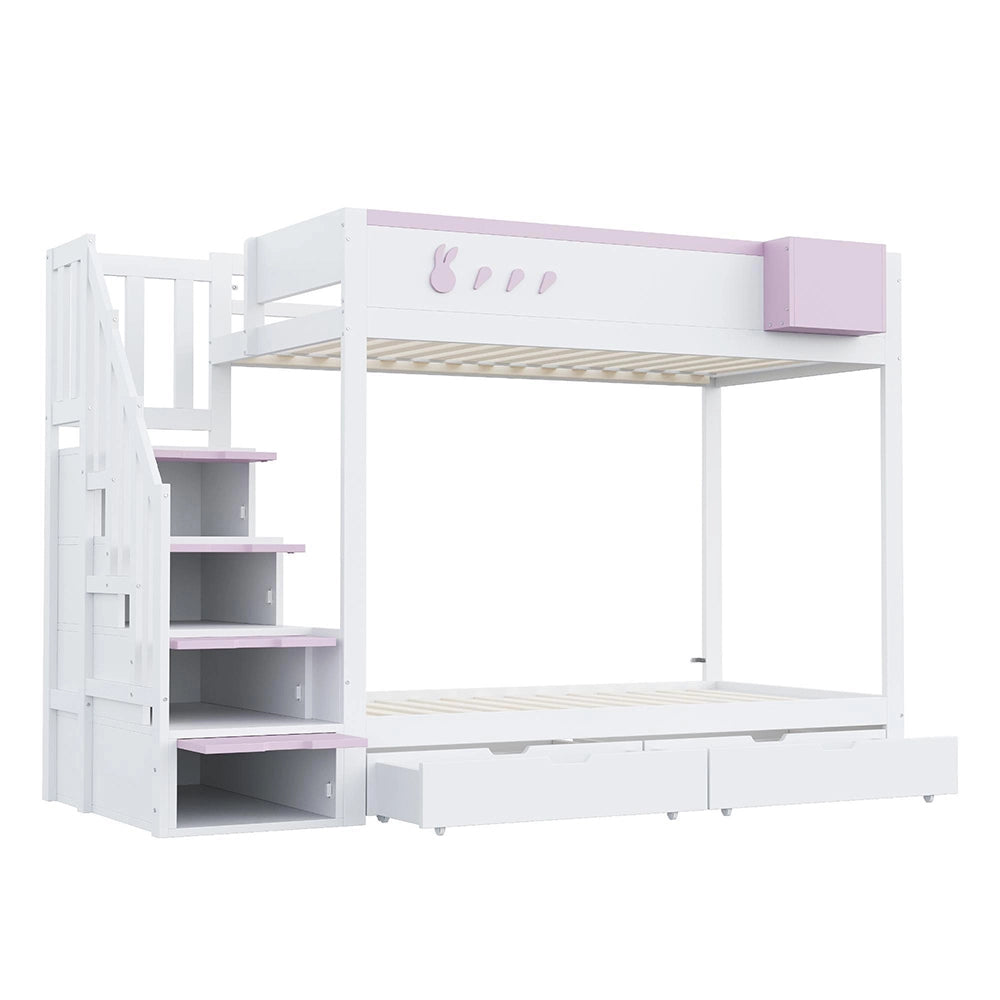 Letto a castello-Xylo-90x200cm, motivo conigli, cassetti, bianco+rosa
