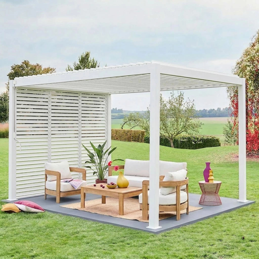Pergola bioclimatica 3x4 in alluminio + 3 tende da 1m, bianco