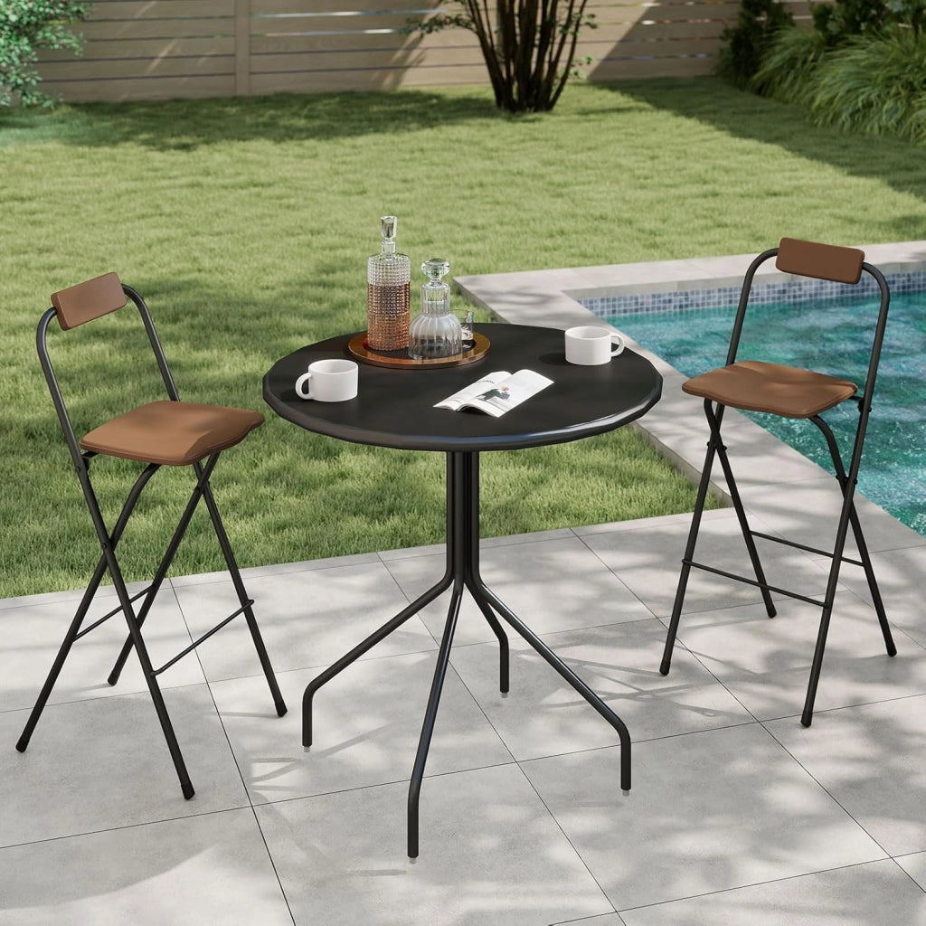 Set di 2 Sgabelli da Bar Pieghevoli, Sedie per Esterni con Schienale Inclinabile, Seduta Curvata e Poggiapiedi, Sgabelli Alti con Struttura in Metallo per Balcone, Terrazza, Giardino (Marrone)