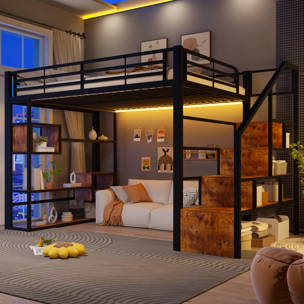 Letto a soppalco 140x200 cm con spazio libero sottostante; LED; ripiano; gradini integrati e parapetto; metallo nero