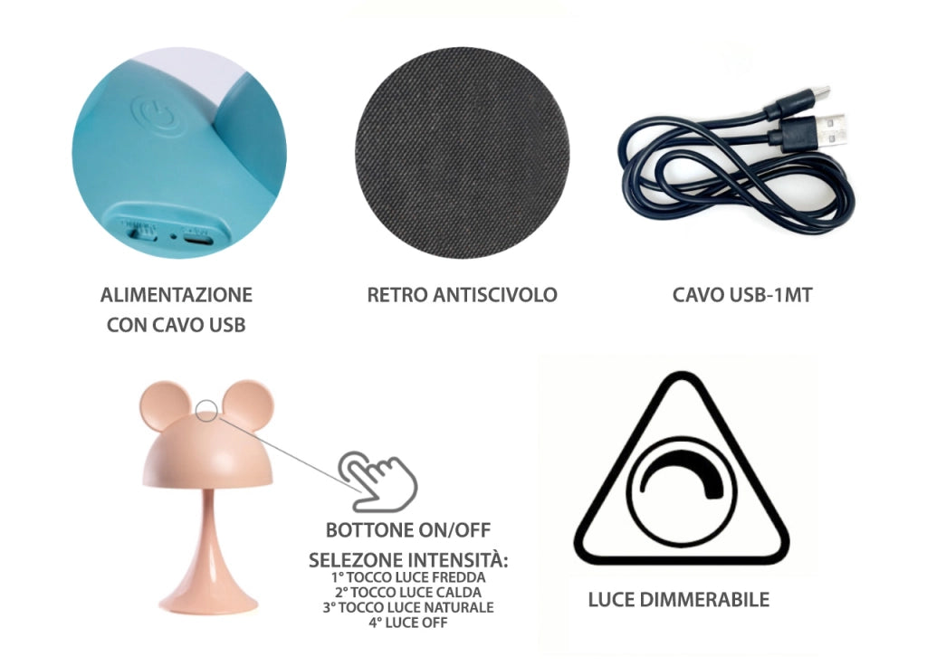 Lampada Led Per Bambini Da Tavolo Comodino Ricaricabile Modello Simply Mouse - Lampada - Rosa