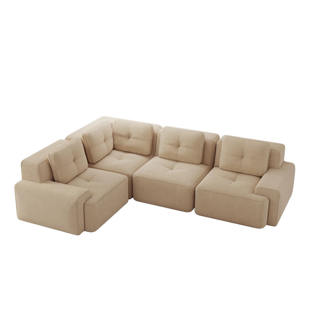 Divano angolare modulare in velluto a coste con base antiscivolo e braccioli ampi senza montaggio per soggiorno beige