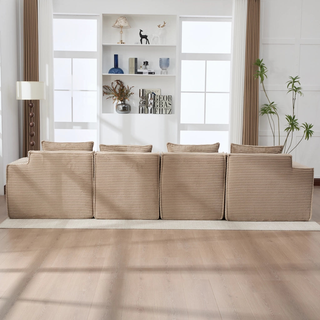 Divano modulare 4 posti con portabicchieri, tasche laterali e 2 pouf, in tessuto corduroy khaki