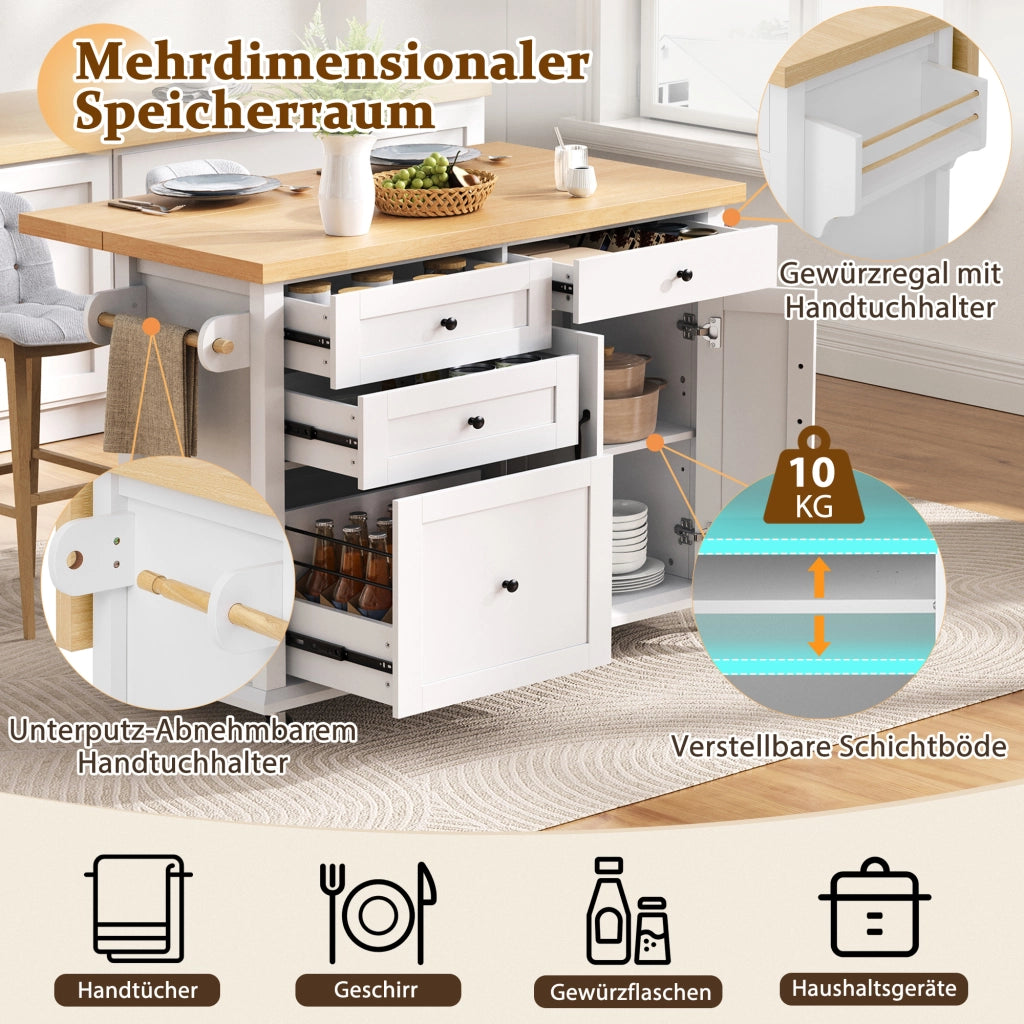 Isola Cucina Mobile con Tavolo Allungabile e Cassetti ¨C Xylo ¨C Bianco