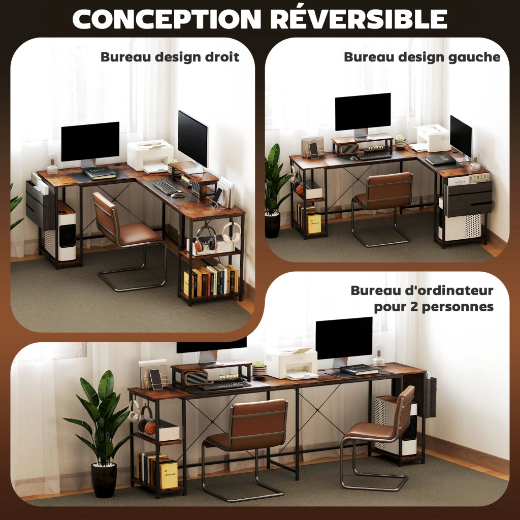 Scrivania angolare reversibile per computer, marrone rustico, ripiano regolabile e supporto monitor, 168-240 cm, per casa e ufficio