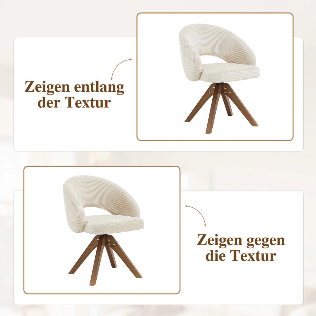 Set 2 Sedie Girevoli Retr¨° ¨C MINIMAL ¨C Tessuto Bianco a Righe, Gambe in Legno Massello Noce, Schienale