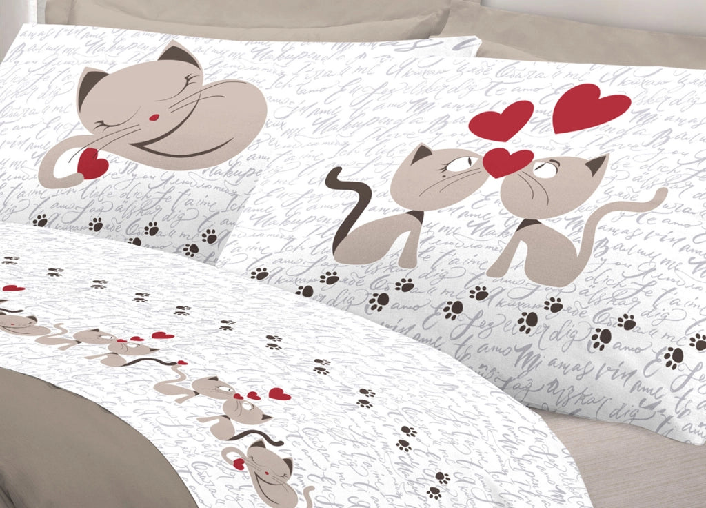 Completo Lenzuola Linea Pensieri Delicati 100% Cotone Disegno Gattini - Matrimoniale - Beige