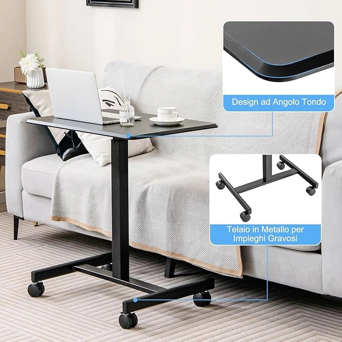Tavolino da Letto e Divano per PC con 2 Ruote Bloccabili, Tavolino Serviletto Regolabile in Altezza, Tavolino per Mangiare e Lavorare da Ospedale e Salotto, Portata 80 kg (Nero)