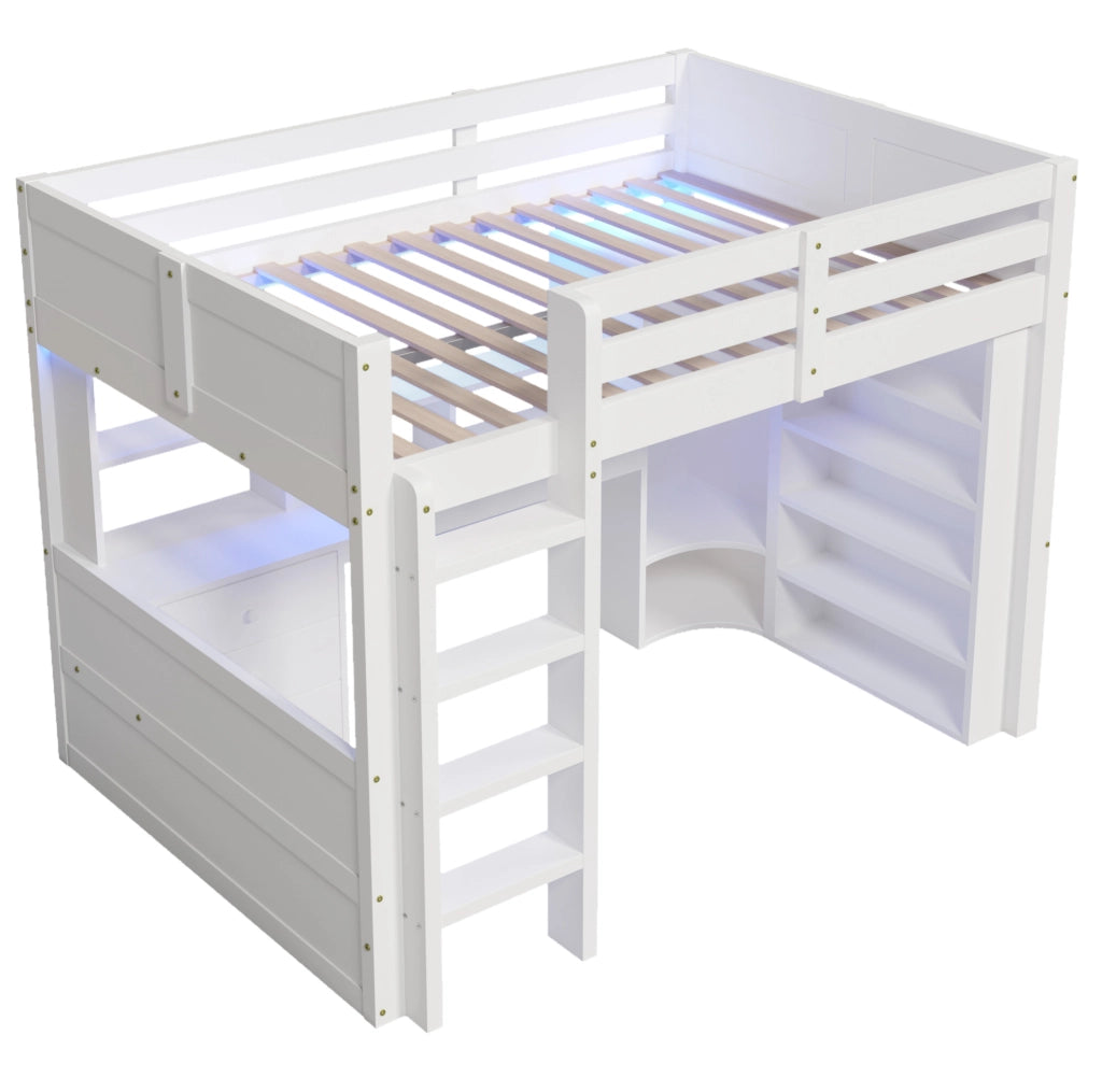 Letto a soppalco 140x200 cm con LED; armadio; scrivania e 3 cassetti bianco
