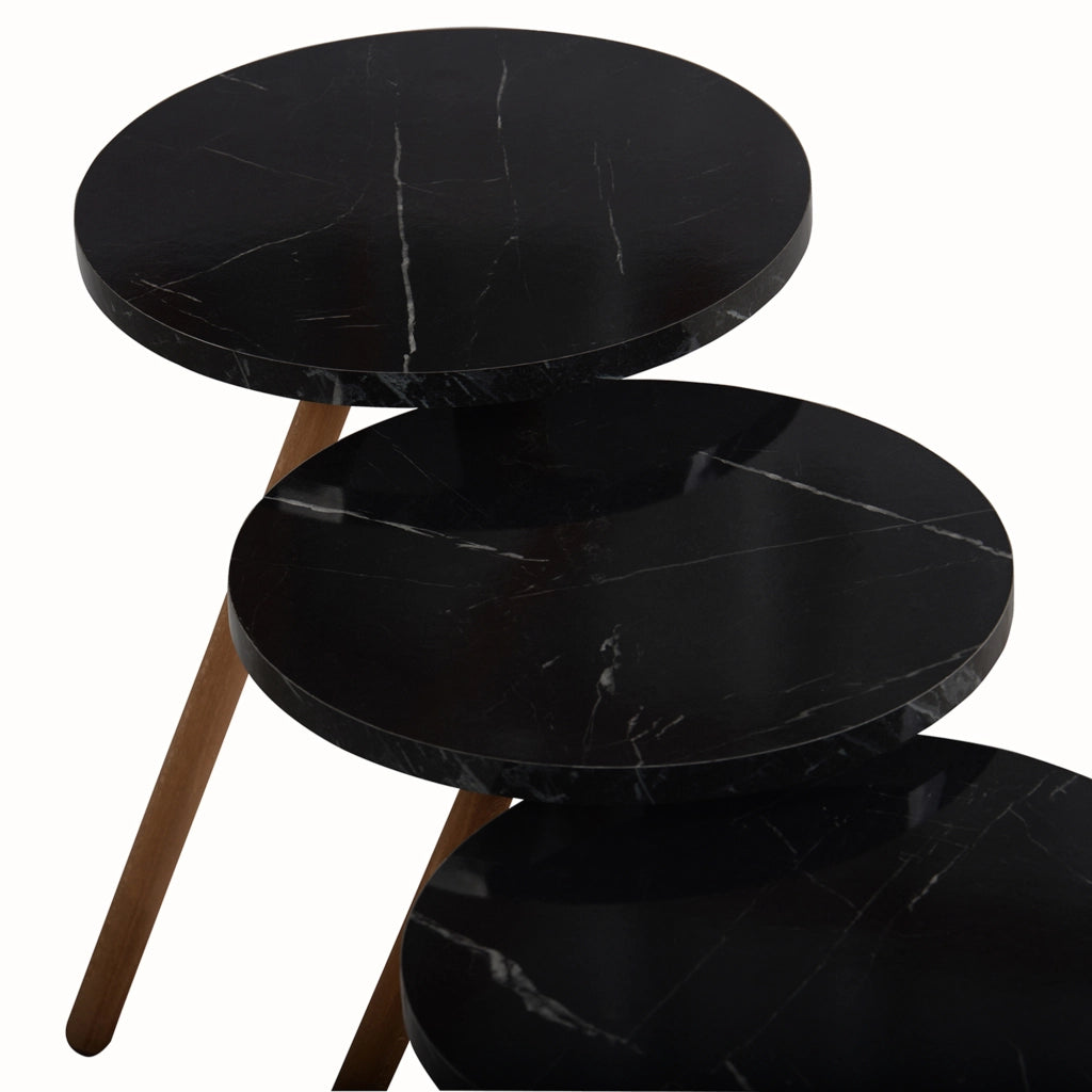 Set di 3 Tavolini Bassi da Salotto 'Hjørring' in Altezze Diverse con Piani Rotondi e Treppiede in Faggio - Marmo Nero [en.casa]