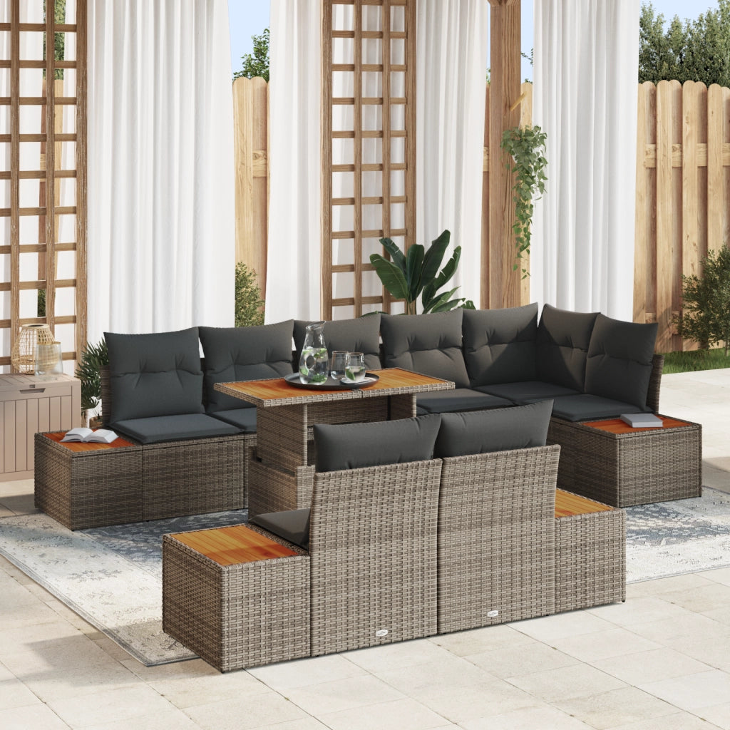 Set da pranzo da giardino 9 pezzi con cuscini in polirattan grigio e acacia