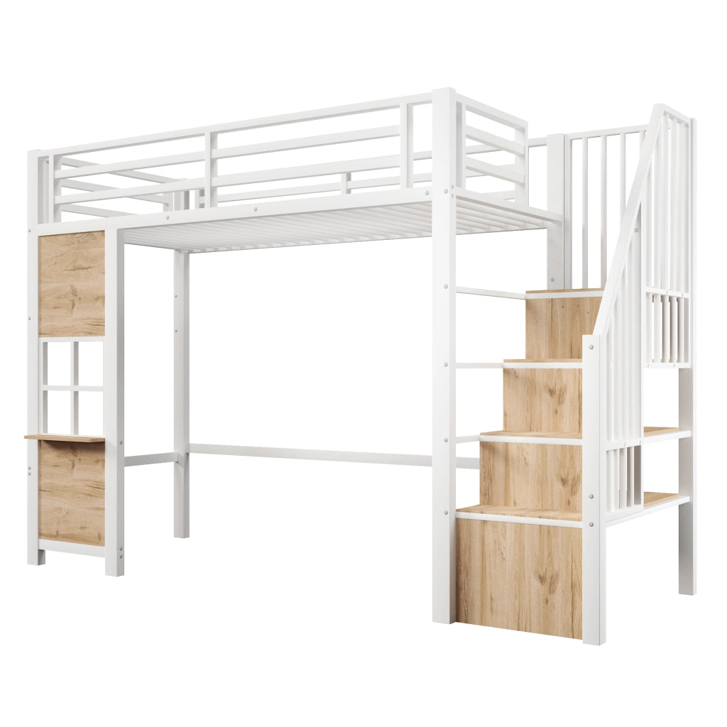 Letto a soppalco 1 piazza con scala contenitore; ripiano laterale; 90×200 cm; senza materasso