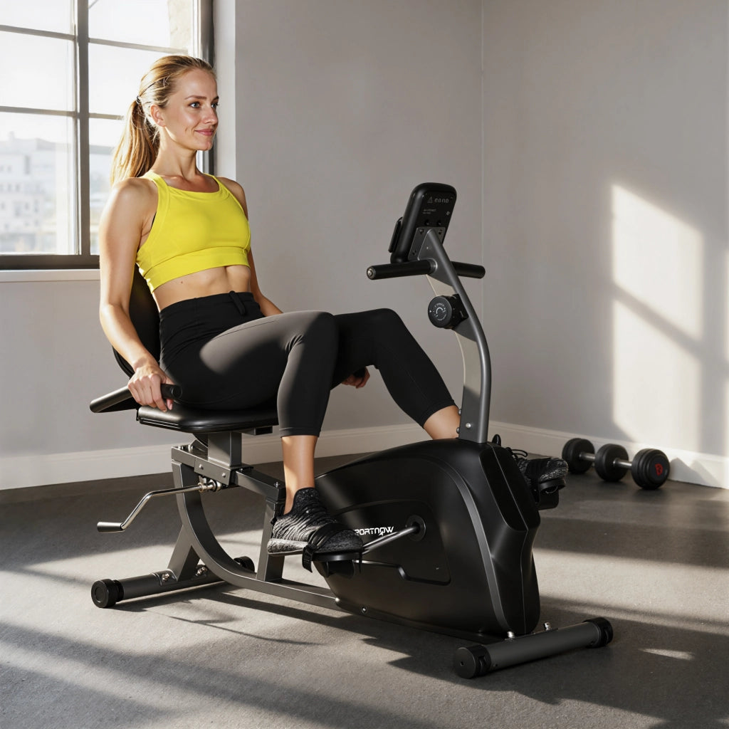 Bicicletta da allenamento magnetica reclinata ¨C Minimal ¨C 8 livelli di resistenza regolabile, monitor LCD, metallo e plastica, nero
